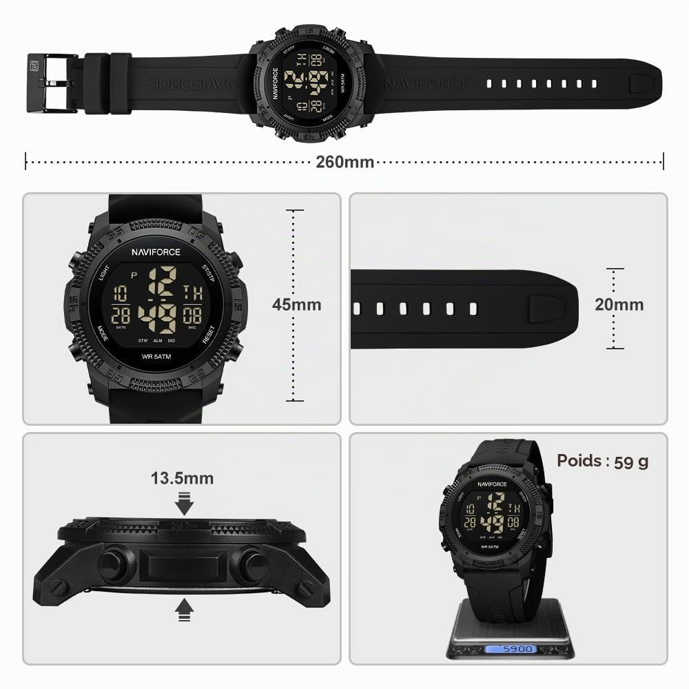 Naviforce Montres numériques de Sport étanches pour Hommes avec chronomètre, Alarme, Bracelet en Caoutchouc, Montre-Bracelet pour Femmes