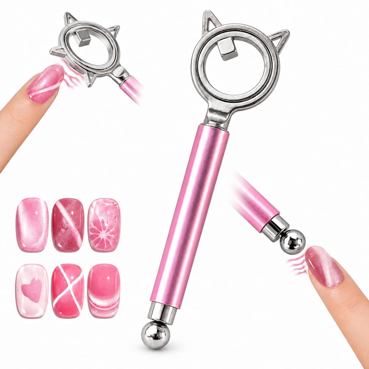 Satmarhz Pink Double Head Nail Magnet, Handheld Cat Eye Magnet for Nail Art, Ergonomic Magnetic Stick for Gel Polish Home DIY Salon Design Tool-picture-24