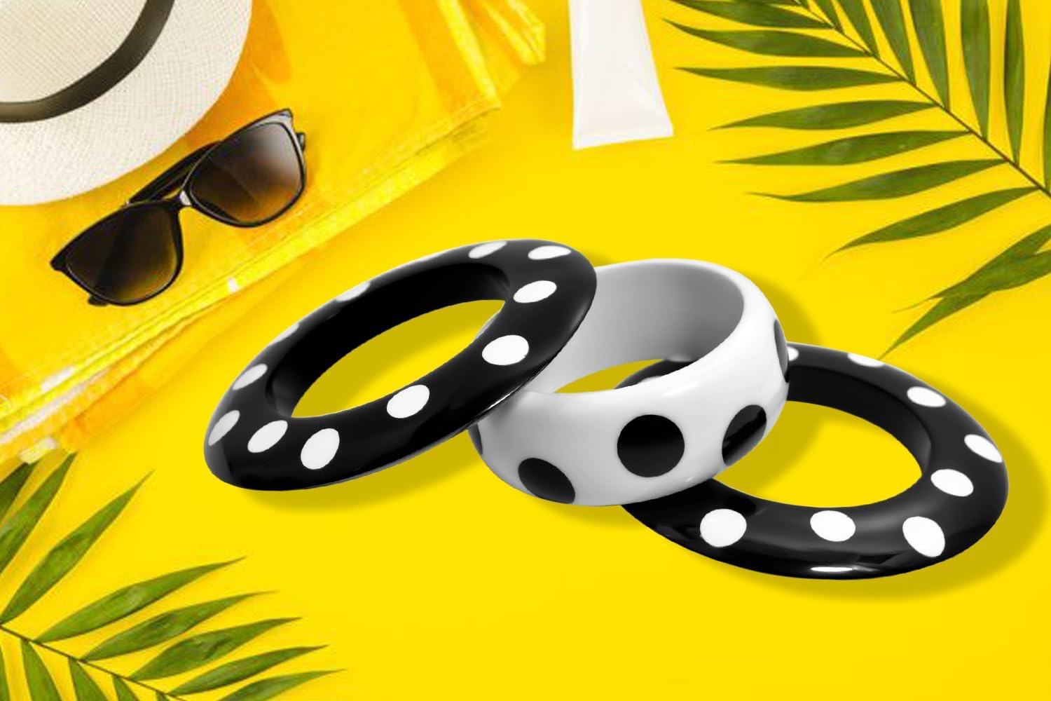 Pure Hands Polka Dot Resin Bangles Set – Black and White Stack of 3 Handmade Bangles in Bold, Flat & Half-Round Styles – SvartVit Sonata Modern Jewelry