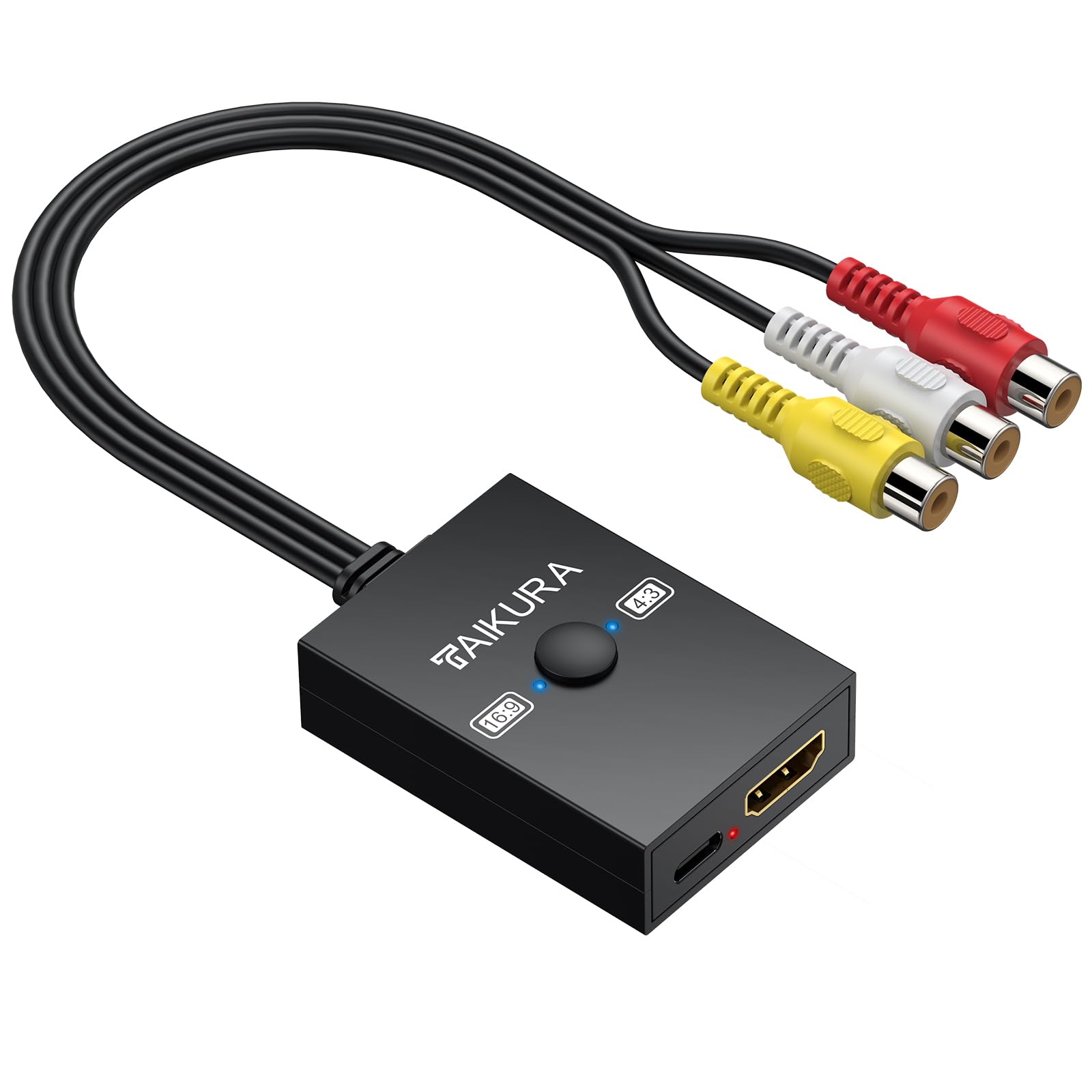 RCA to HDMI Converter with 4:3/16:9 Switch, 1080P AV Composite Video Adapter with USB Cable, Supports PAL/NTSC for Wii PS2 DVD VHS to HDTV or Monitor