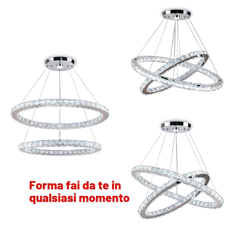 Lampadario LED moderno in cristallo, lampadario a sospensione ovale a 2 anelli, altezza regolabile, 56 cm + 32 cm, luce bianca fredda 6500K, per soggiorno, sala da pranzo e camera da letto