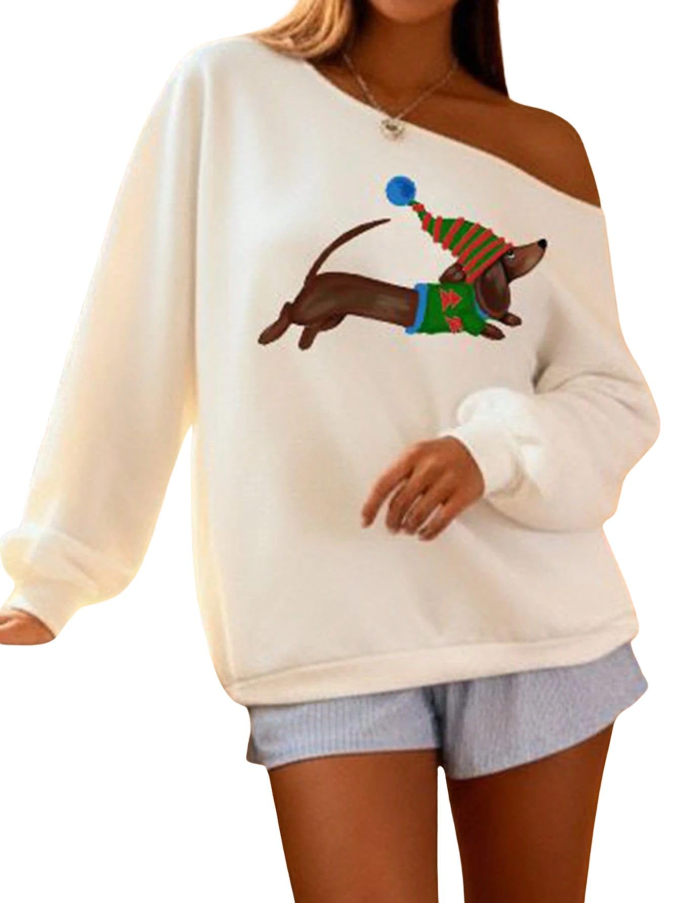 sxv style Women's Christmas Dachshund Print Off-Shoulder Sweatshirt, White Long Sleeve Holiday Pullover, Casual Winter Top-picture-37