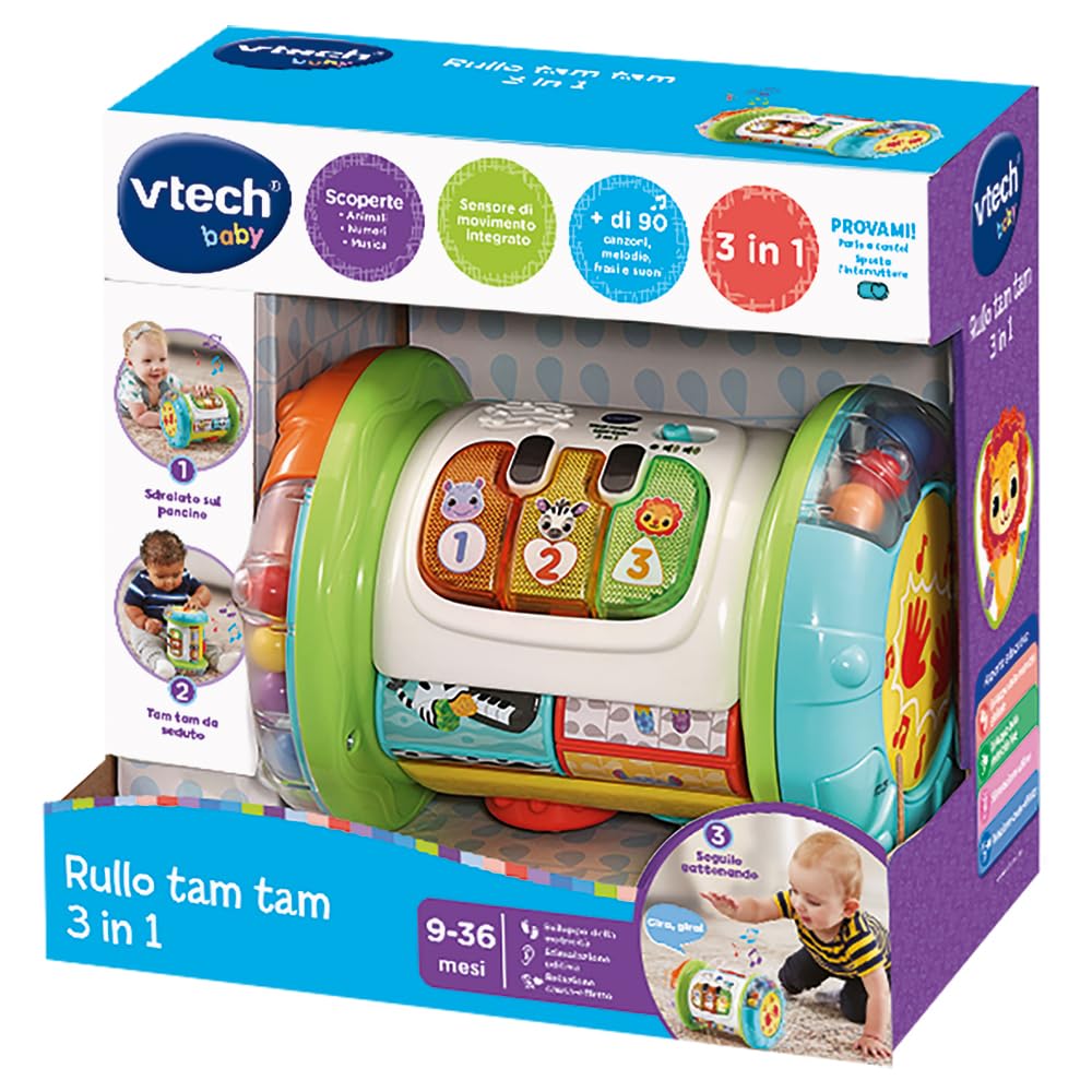 VTech Rullo Tam Tam - 3 in 1, Rullo Multiattività per Bambini, 3 Modalità di Gioco, Pianoforte per Bambini, Motricità Fine e Globale, Sensore di Movimento, Lingua Italiana, Batterie Incluse, 9-36 Mesi