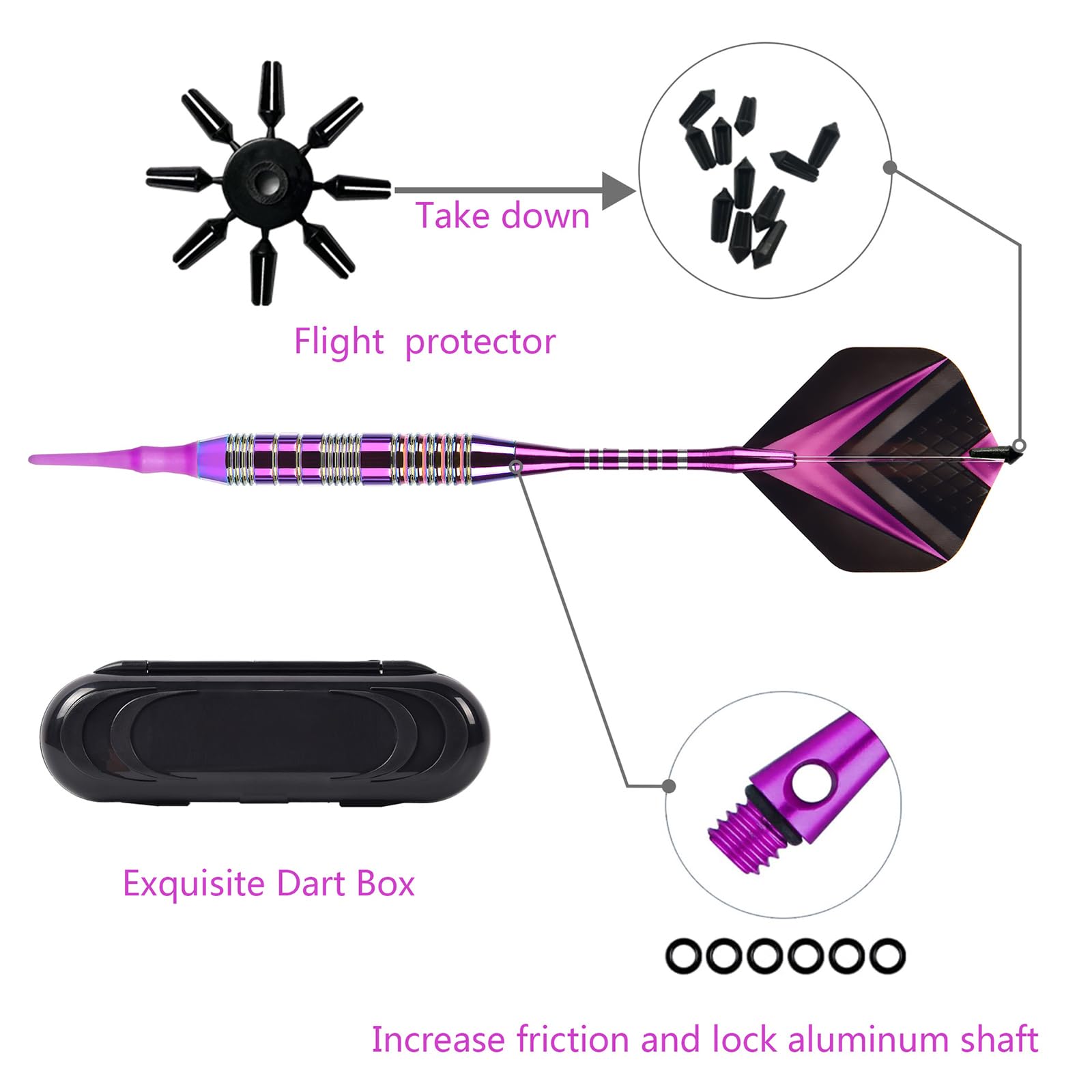Freccette con punta in plastica, 21 grammi, set di 3 freccette professionali morbide, accessori per freccette per bersaglio elettronico con scatola di immagazzinaggio (viola)