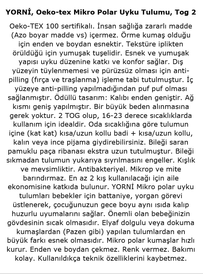 YORNİ, Uzun Kollu, Unisex, 2 Tog, Mikro Polar, Bebek Çocuk Uyku Tulumu (18-36ay)