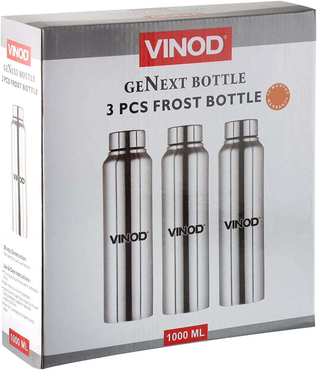 Vinod Frost Fridge Water Bottle with Fabricated 18/8 Stainless Steel Coating Inside and Outside (Pack of 3) - Useful for School, College, Office, Gym Etc (Silver)