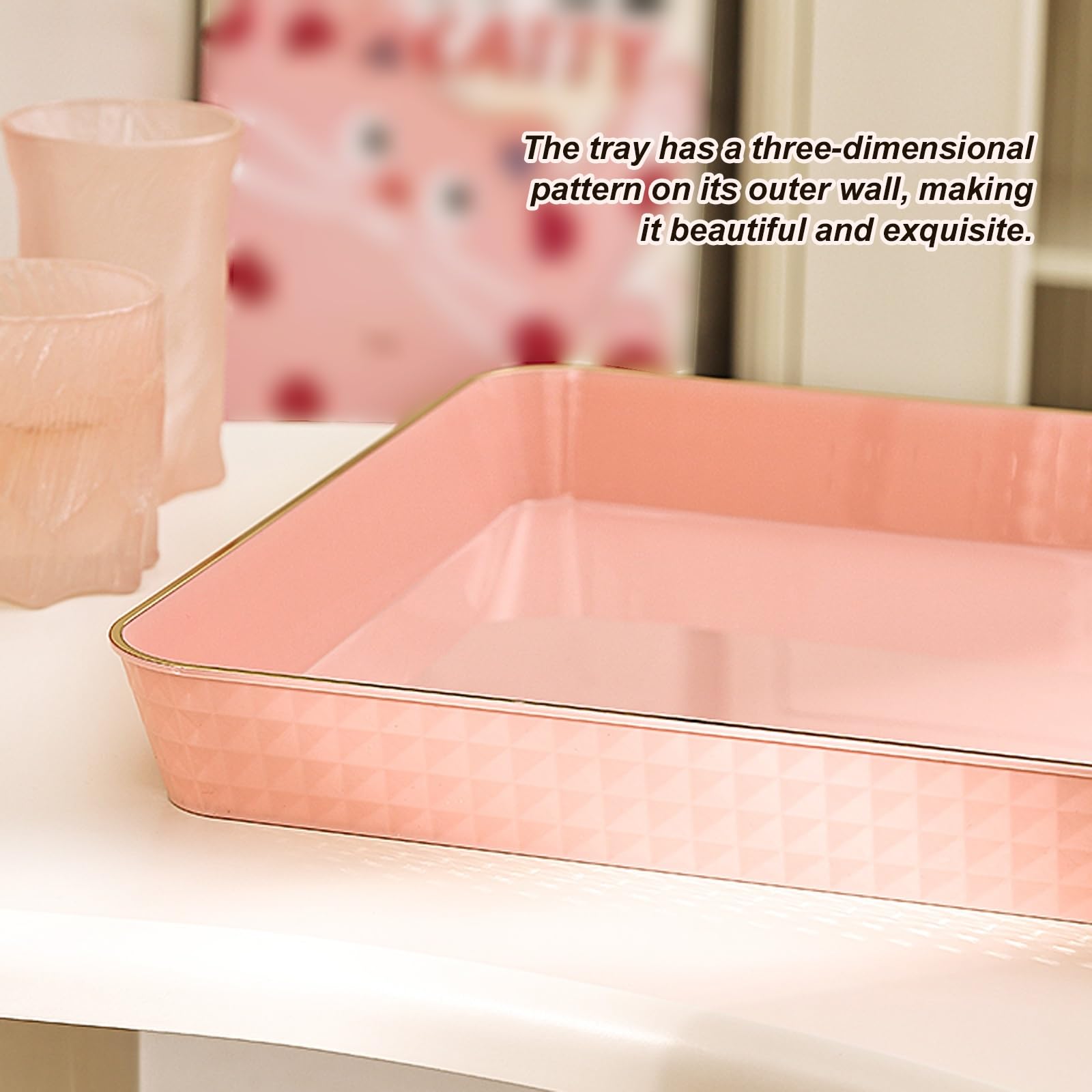 Juego de 2 Bandejas Decorativas, Bandeja Plastico, Impermeable y Antideslizante, Ideal para Postres y Artículos de Aseo(Pink,35x50CM/14x20x1.6IN)