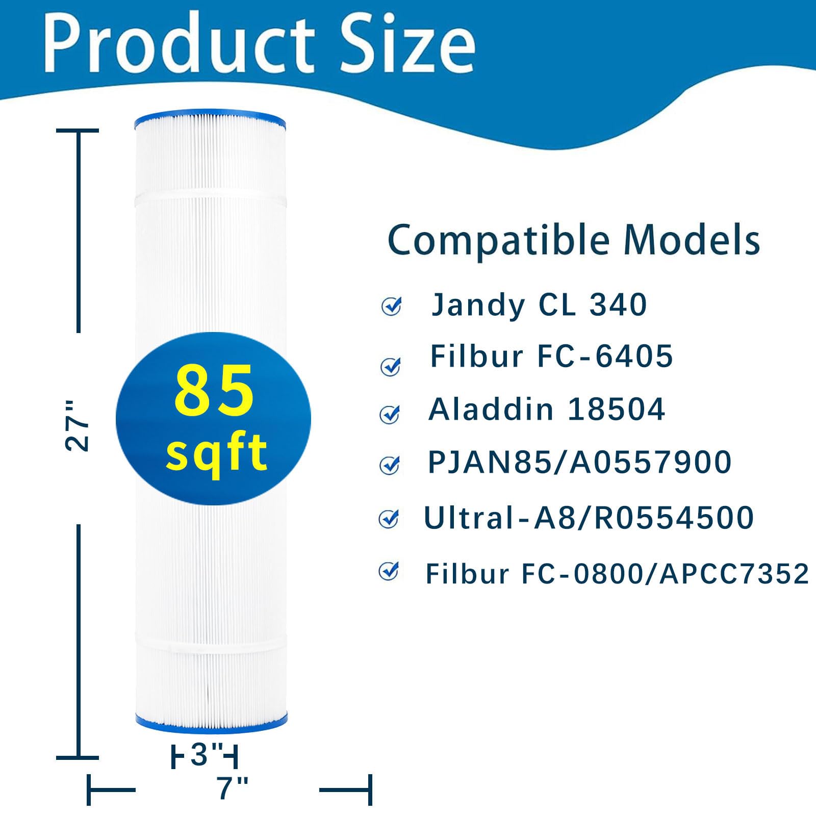 Savener Pool Filter Replaces Jandy CL 340, PJAN85, Ultral-A8, PP-A8, Unicel C-7459, Filbur FC-6405, Filbur FC-0800, A0557900, R0554500, Aladdin 18504, APCC7352, 2X85 sq.ft Filter Cartridge 2 Pack