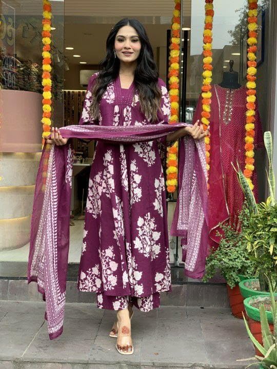 Womens Rayon Blend Anarkali Printed Kurta with Palazzo & Dupatta Festive Wedding Party Kurta Set