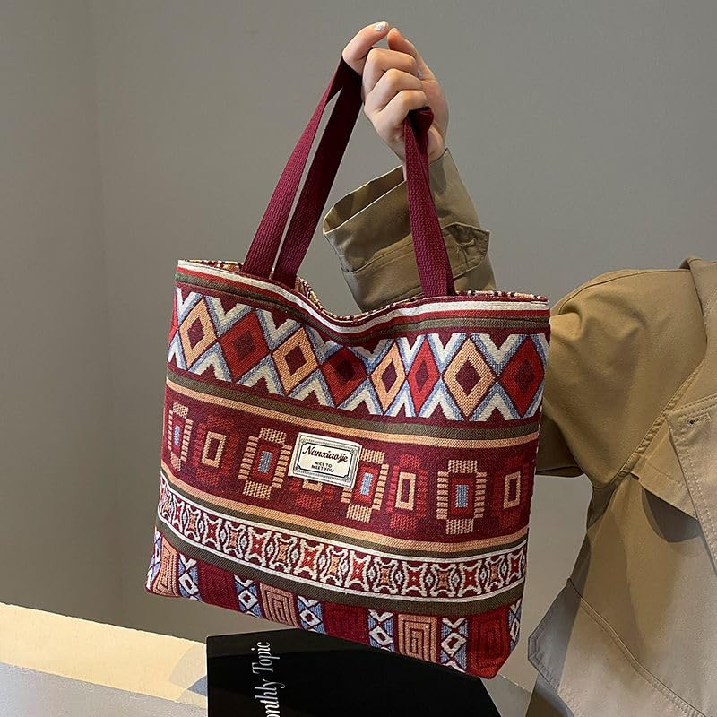 Image of Women Bohemian Canvas Tote Bag - Burgundy Ethnic Geometric Print Large Capacity Shoulder Handbag, Stylish Shopping Tote for Office, College, Travel & Daily Use