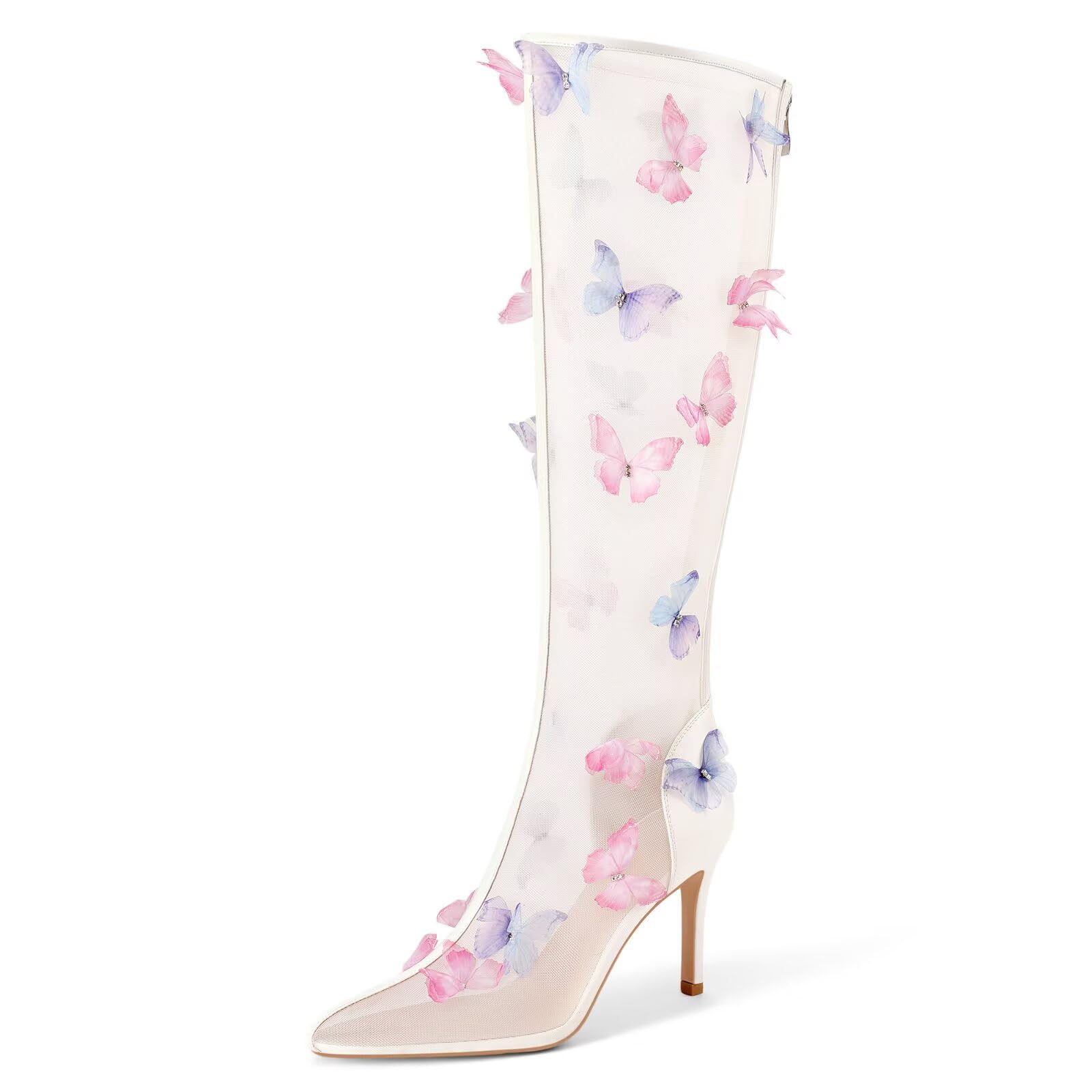 Womens Clear Knee High Boots Butterfly Pointed Toe Stiletto High Heels Mesh Boots Sexy Back Zipper Dress Wedding