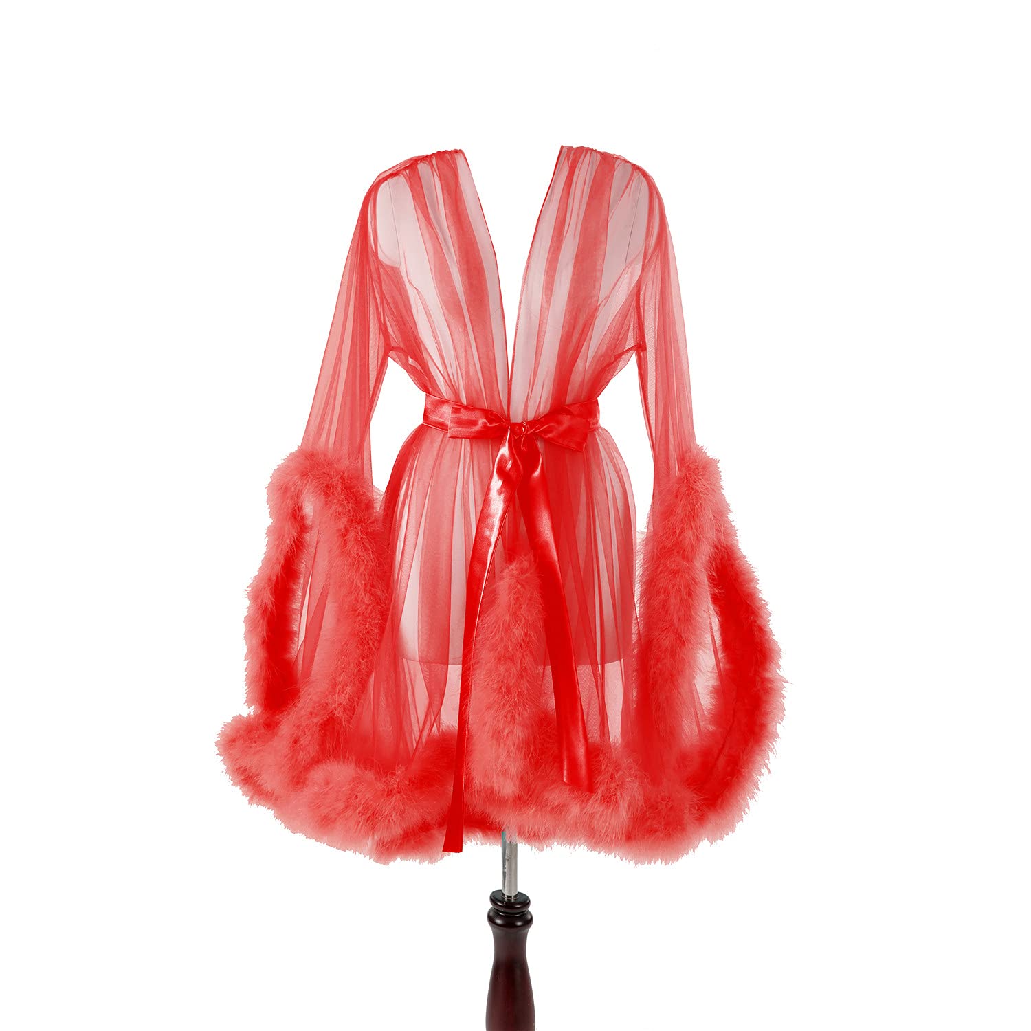 Shexianbridal Women's Tulle Robe Shoot Wearing Robe of See-Through Tulle Feather Short Maternity PhotoShoot: Medium Red