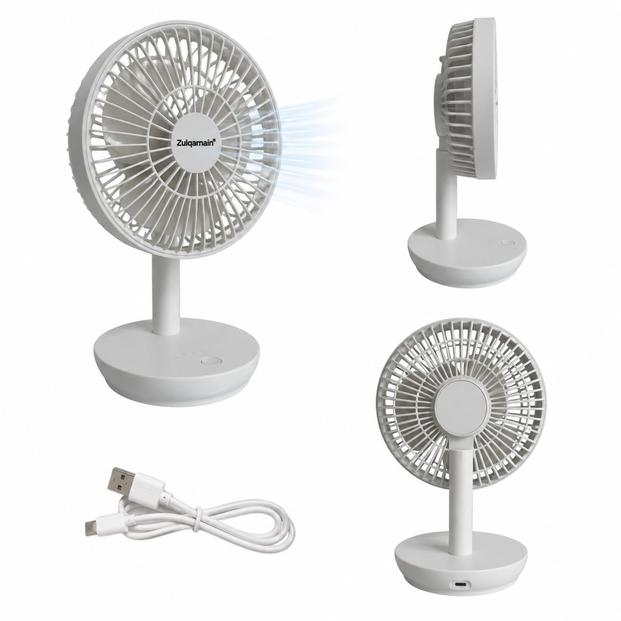 A2Z 6 Inch Rechargeable White USB Desk Fan Portable Mini Cooling Fan with 4 Speed Settings Adjustable Tilt LED Indicator USB Cable Quiet ABS Table Fan for Home Office Travel