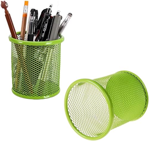 YXQ Vaso de malla de alambre, 2 organizadores de escritorio redondos para oficina en casa o aula (verde)
