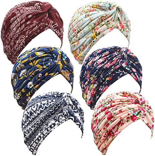 12 Pieces Women Chemo Hats Cancer Patients Headwear Cancer Turban Beanies Caps Chemo Headcovers Cotton Head Wrap Cute Floral Skull Cap Pleated Stretch Ruffle for Hair Loss, 6 Styles
