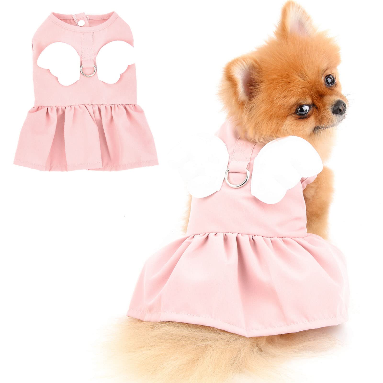 PADEFUL Dog Dress Harness and Leash Set for Small Dogs Girl Cute Angle Wing Puppy Vest Harnesses Cat Princess Dresses Summer Doggie Skirt Sundress Chihuahua Yorkie Clothes, Pink, S