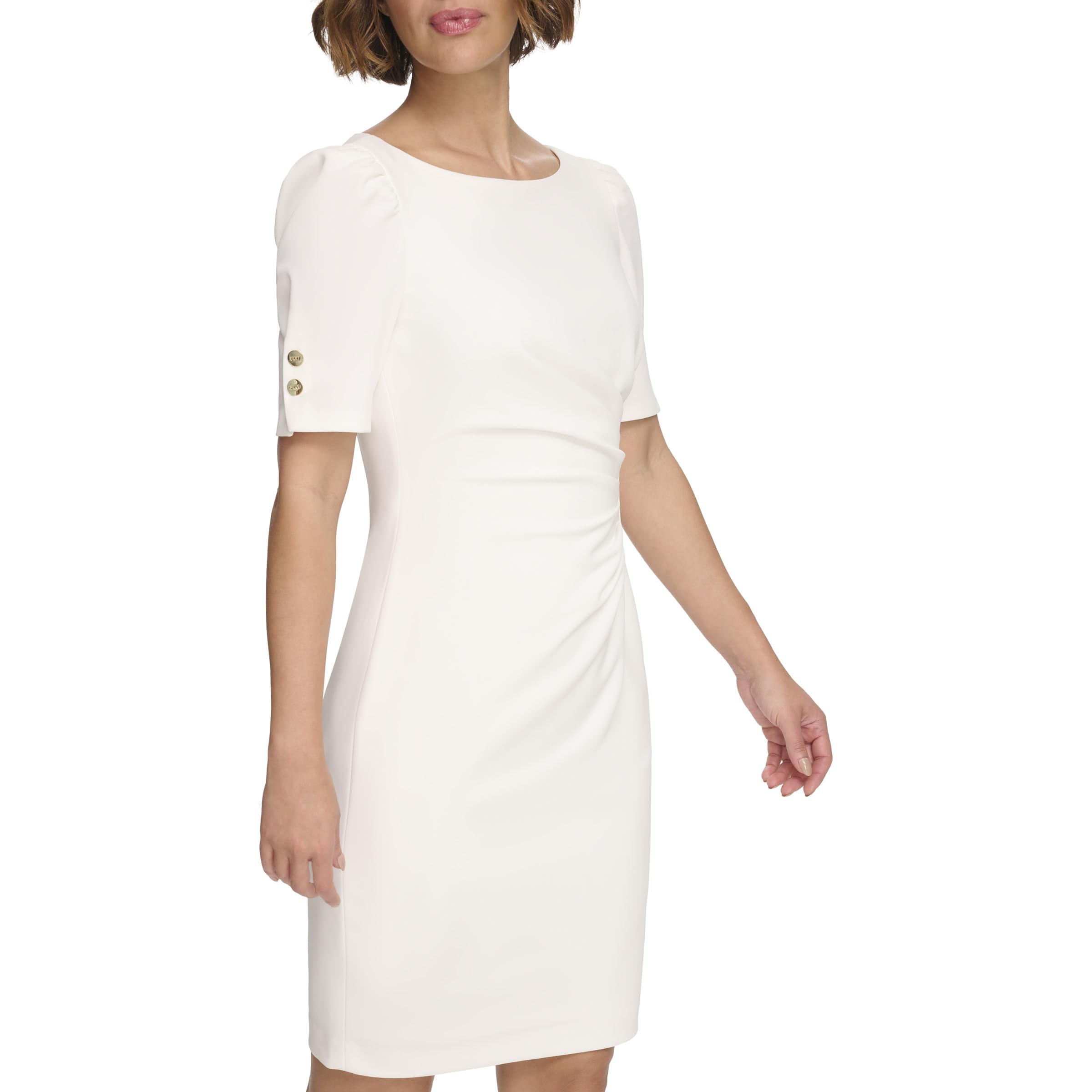 DKNY Women's Short Sleeve Ruched Knee Length Sheath Dress with Button Detail