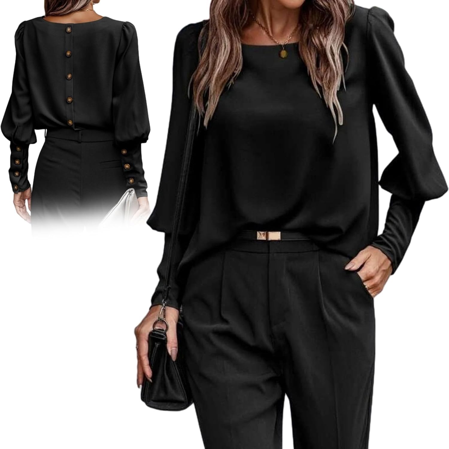 Chemisier à boutons décoratifs plissé : l'élégance fluide d'une blouse noire à manches bouffantes