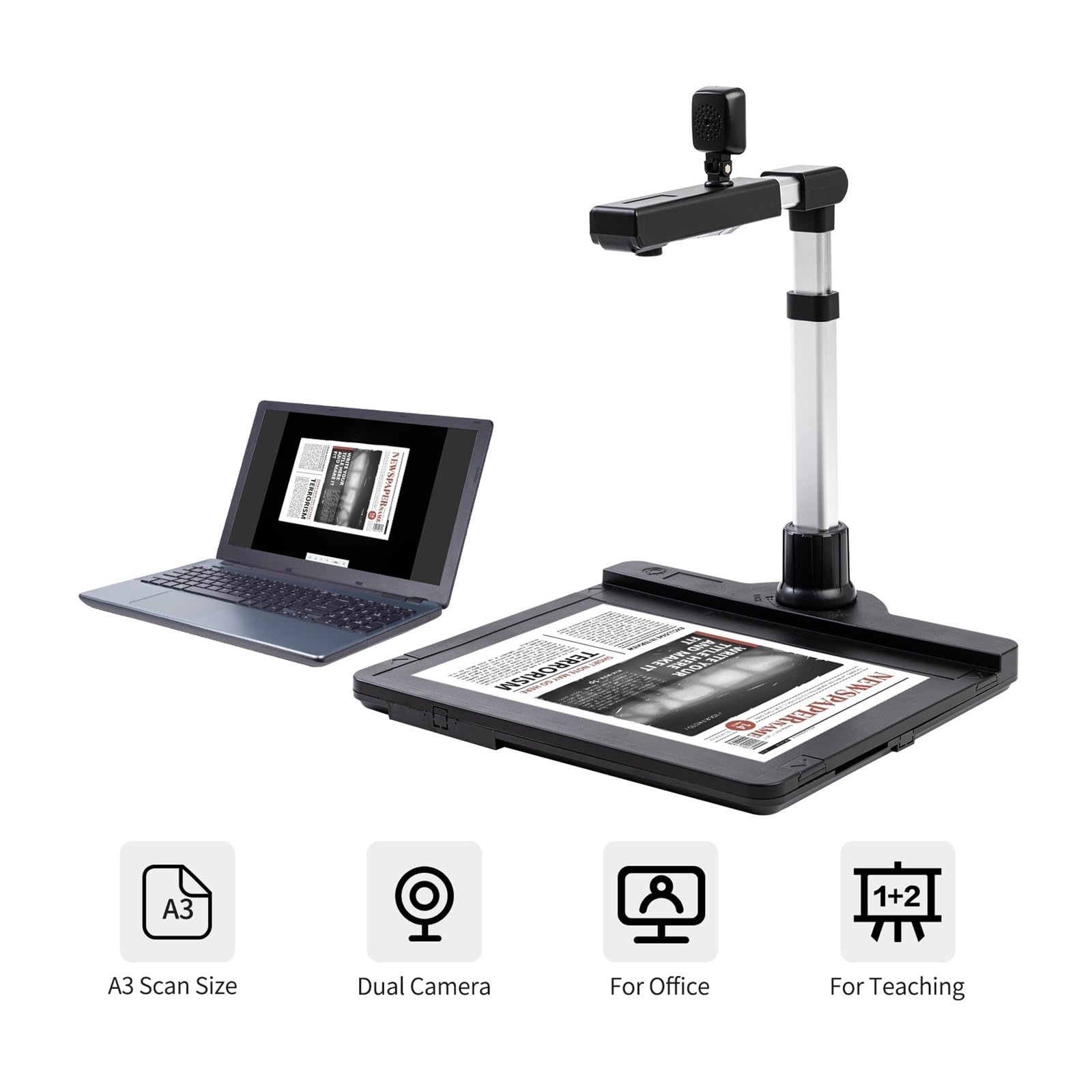 Escáner de Documentos, Escáner de cámara de documentos, tamaño de captura A3, cámara dual USB2.0 con luz LED, función OCR, conversión a formato PDF