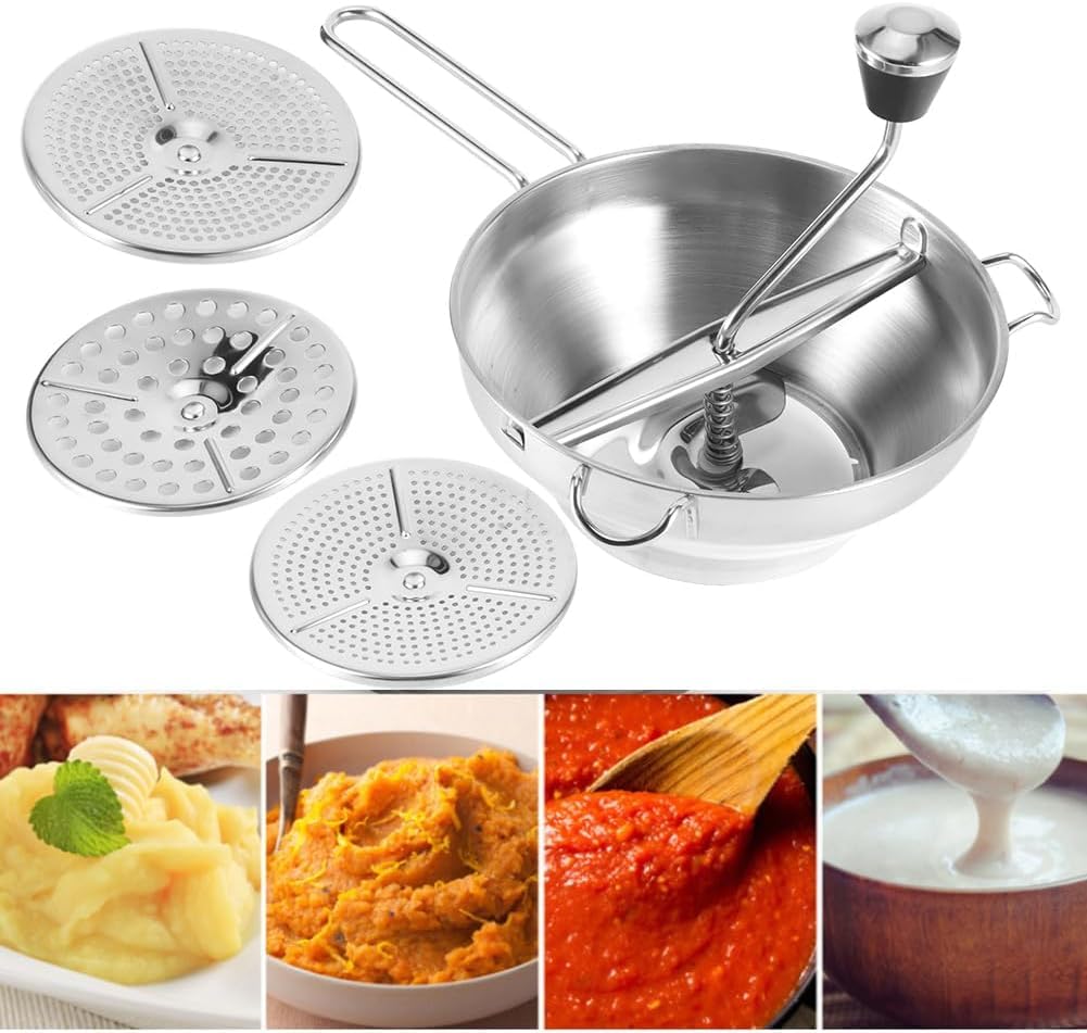 Moulin à purée manuel en acier inoxydable avec tamis à 3 compartiments pour purée de pommes de terre, confiture et aliments pour bébé, presse de cuisine polyvalente pour légumes, fruits