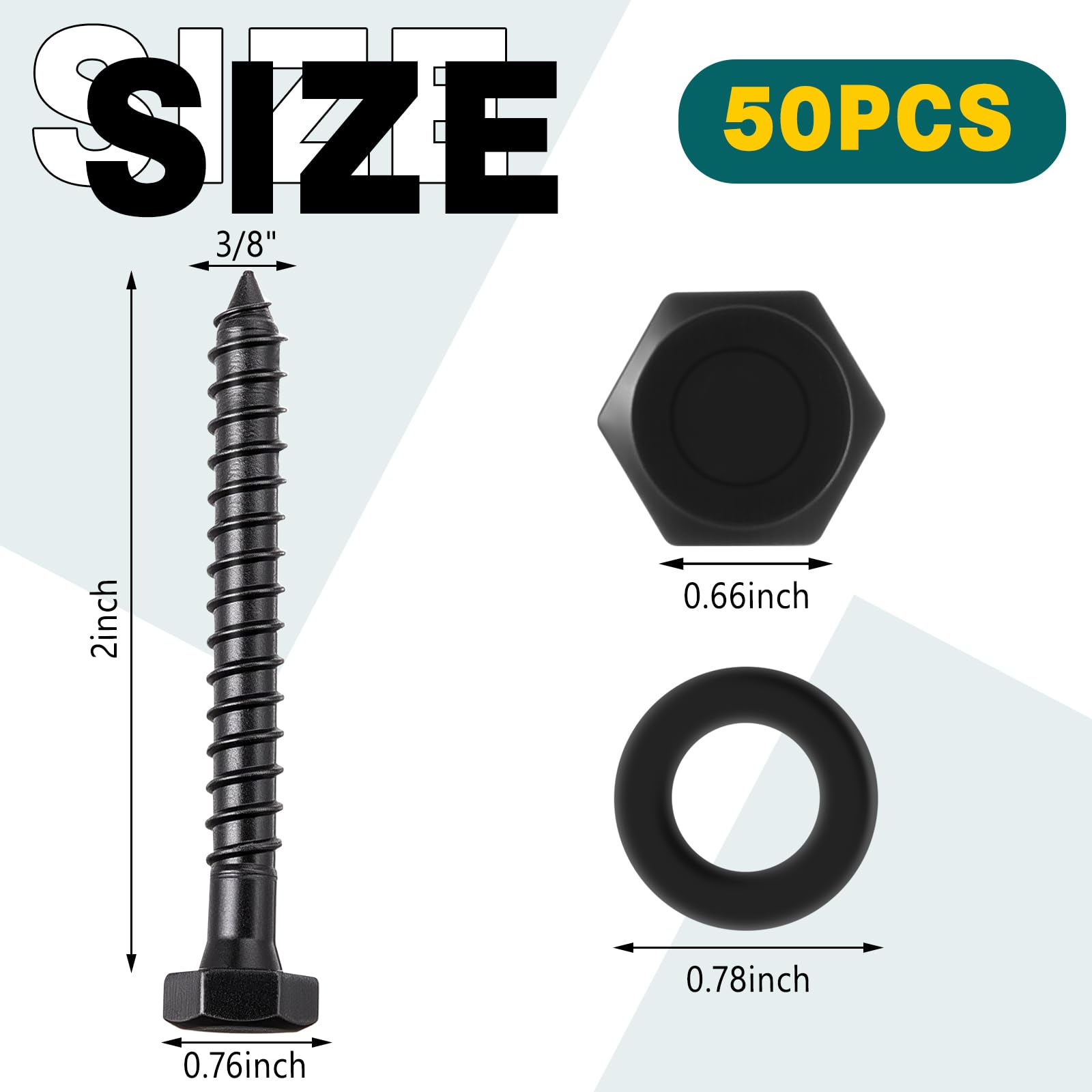 Set di 50 bulloni a testa esagonale da 3/8" x 5,1 cm, resistenti, in acciaio inox al carbonio, con rondelle, viti a testa esagonale parzialmente filettate, zincate (nero)