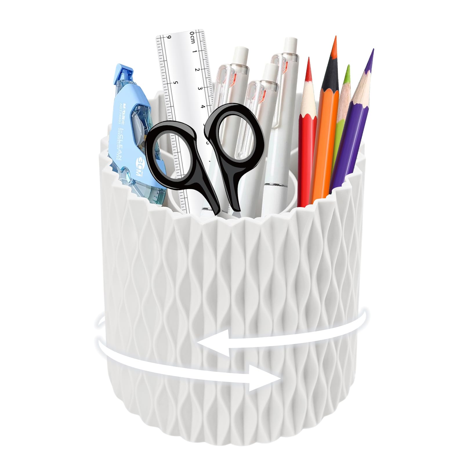 MYHOGOOD Desk Organisers Pen Holder 360° Rotating Makeup Organiser Stationary Desk Organisers with 5 Compartments Pen Pot for Home Office School Classroom (White)