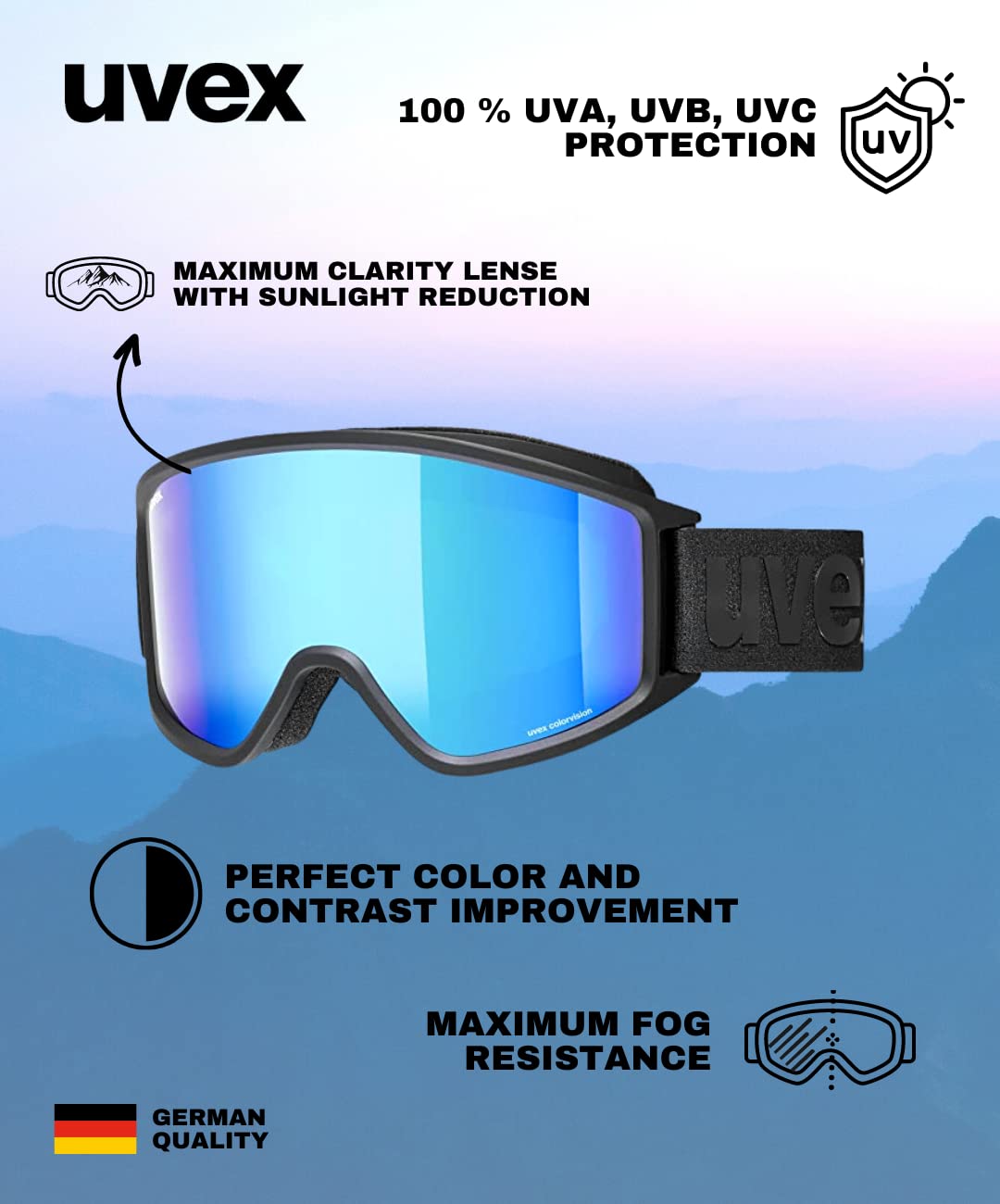 uvex g.gl 3000 CV - gogle narciarskie unisex - wzmacniające kontrast - powiększony zakres widzenia bez efektu zaparowania - black matt/blue-green - one size