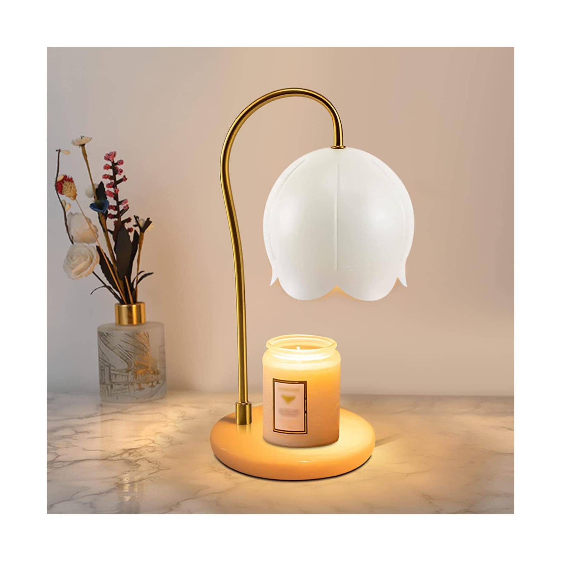 Marble Metal Romantic Flower Candle Warmer Lamp - Dimmable Wax Warmer with Glass Shade - Aromatherapy and Home Decoration - Fragrance Candle Lamp for Wax Melts - 5.9 * 5.9 * 13.38in