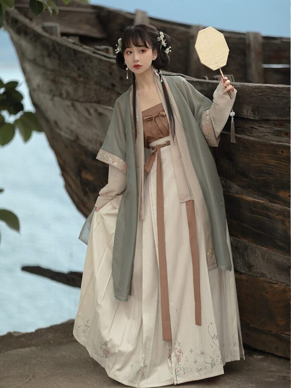 Chińska sukienka Hanfu 4 szt. zestaw herbata zielona płynąca sukienka maxi chińskie starożytne kobiety