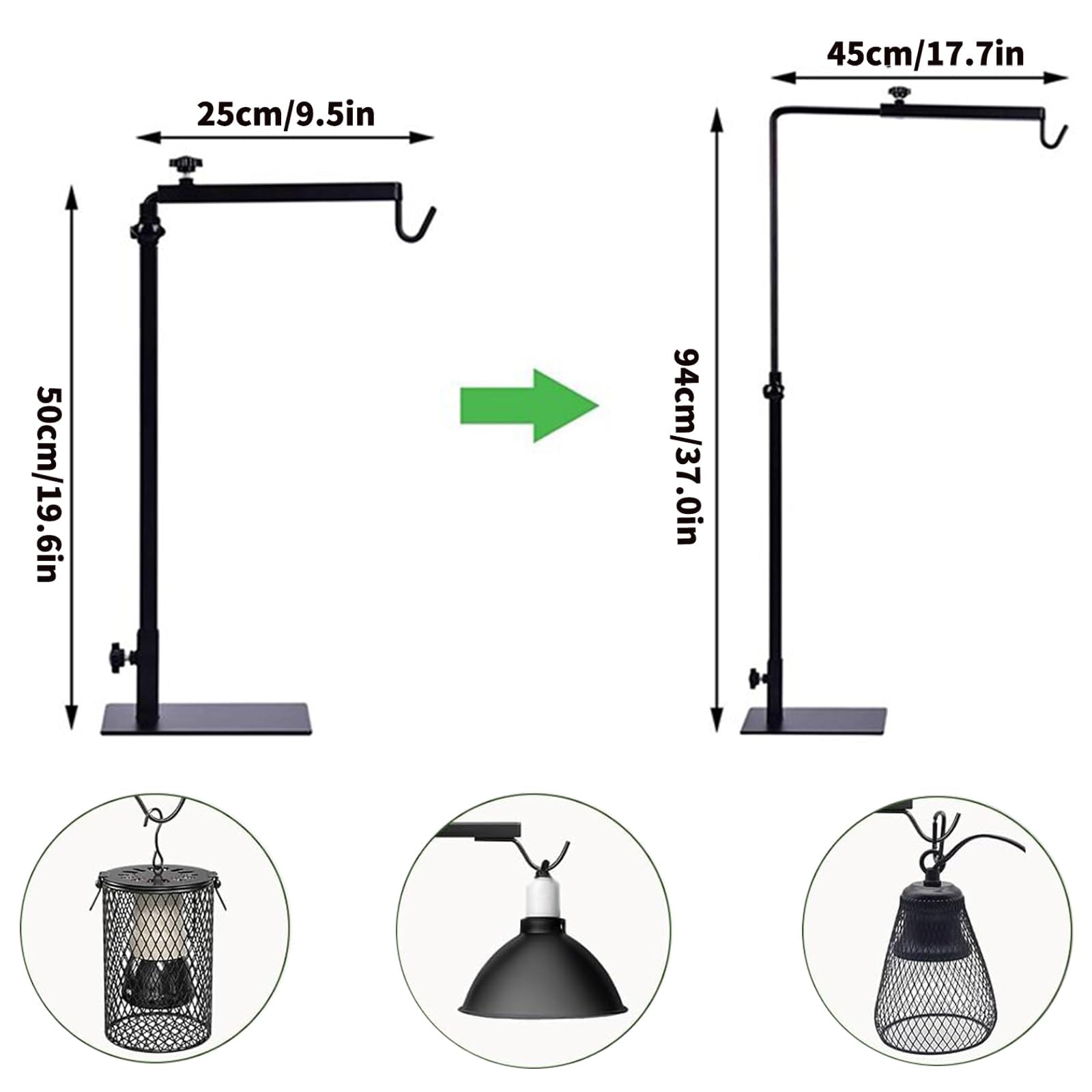 Stojak do lampy dla gadów, terrarium, regulowana wysokość 50-94 cm, szerokość 25-45 cm, uchwyt lampy dla gadów, żółwi, pająków, gekonów, jaszczurek