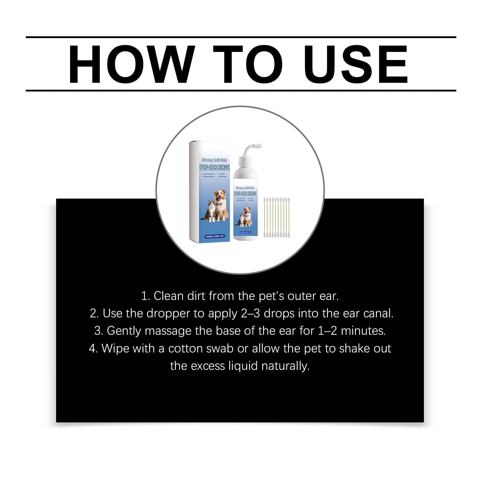 Solution nettoyante auriculaire 100 ml pour chien et chat, anti-odeurs | Embout coudé et cotons-tiges inclus,pour une application précise lors de l’entretien régulier des oreilles de chiens et chats