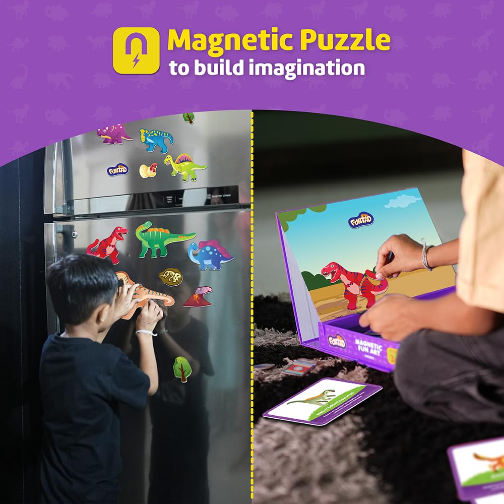 Funtad Magnetic Fun Art Puzzle - Dinosaur|4-in-1 Travel Friendly Educational Toy with Writable Board|50 Magnetic Pieces with Informative Flash Cards |Birthday Gift for Boys & Girls Age 3,4,5 & 6 yrs 3
