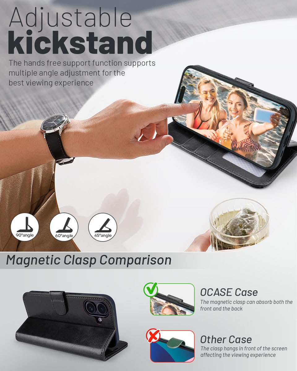 OCASE Coque pour iPhone 17, Housse en Cuir PU avec Fentes Cartes, Blocage RFID, Support Intégré et Protection Antichoc Etui Portefeuille pour iPhone 17 (6,3 Pouces, 2025) - Noir