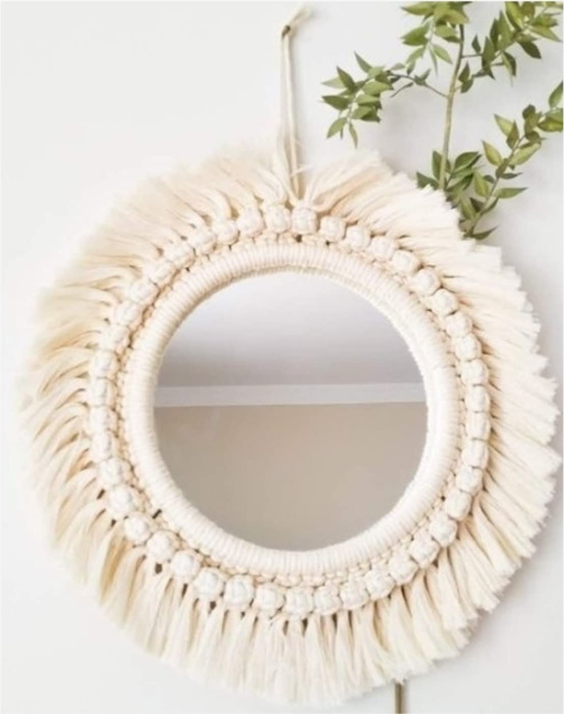 acn kohinoor whm-24 beautiful macrame wall hanging mirror | handmade boho round mirror with fringes for wall décor, 16 x 16 inches, 1 pcs