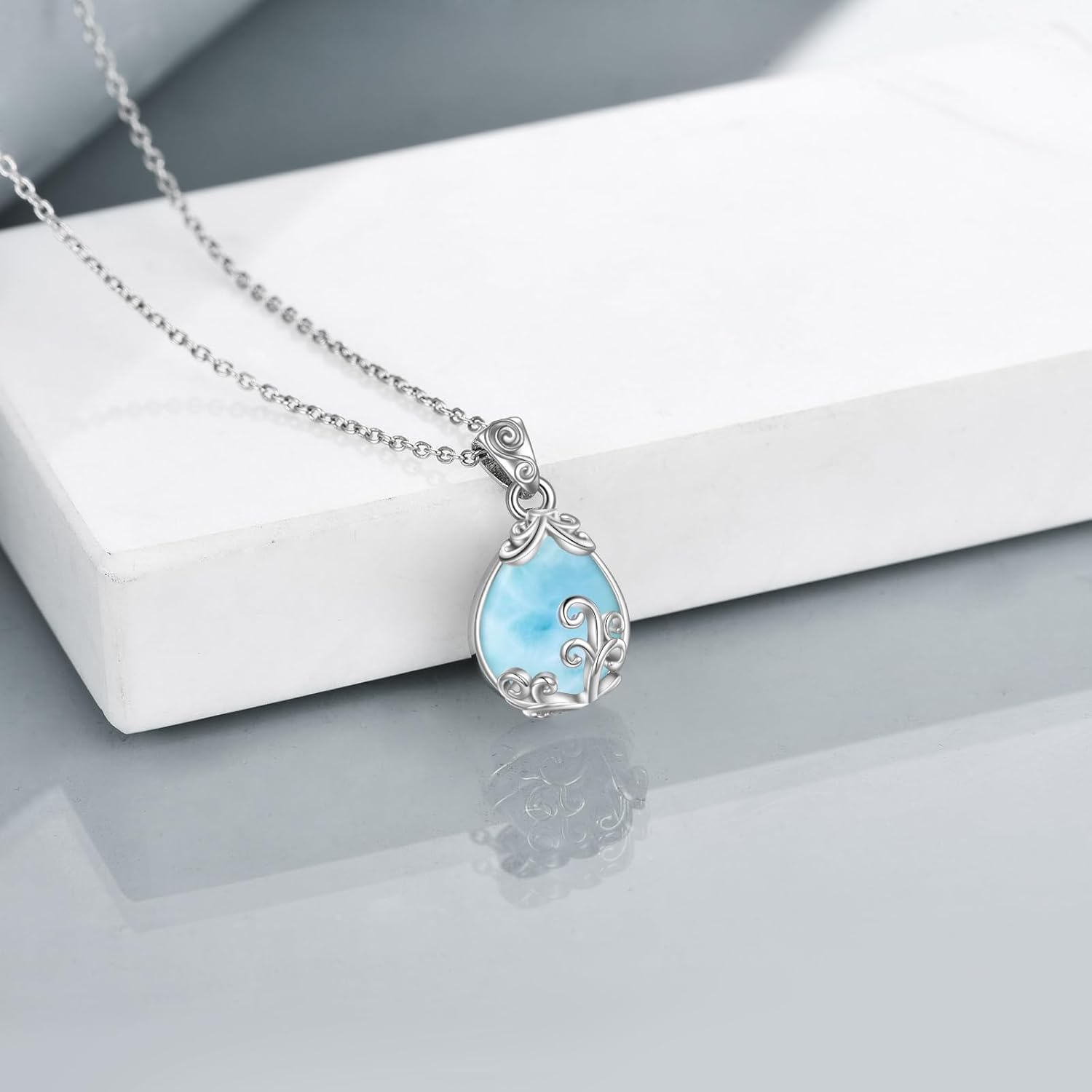 POPLYKE Larimar Teardrop Necklace Sterling Silver Larimar Stone Filigree Pendant Necklace Larimarstone Jewelry Gifts for Women - Image 3