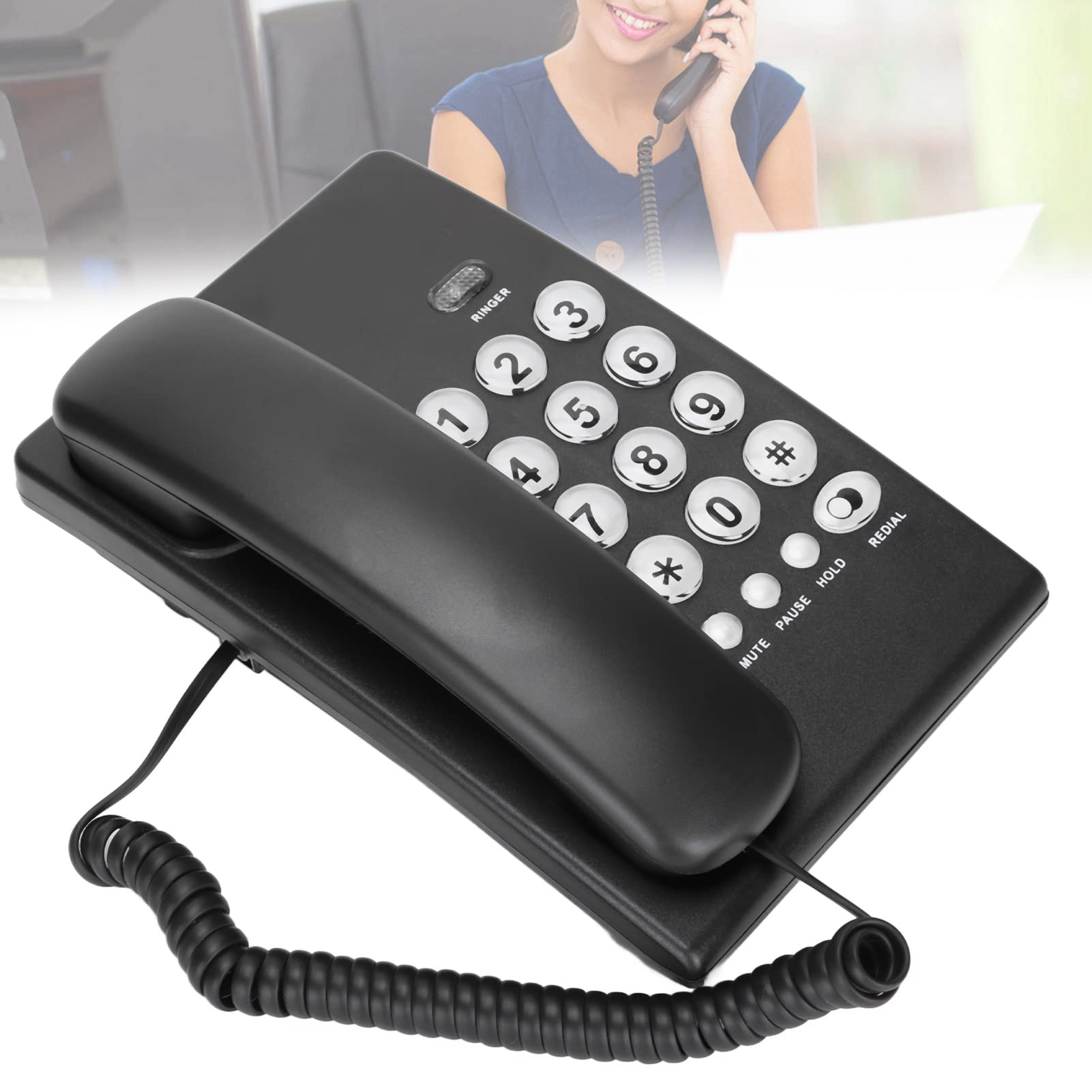 Desktop-Schnurlostelefon mit Großer Taste Festnetztelefon mit Großem Volumen Kabelgebundenes Telefon für das Home Office Hotel (Schwarz)