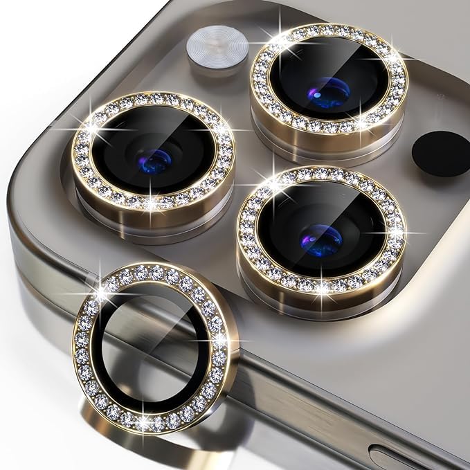 MAYABALLE® Diamond Camera Lens Protector Compatible For iPhone 15 Pro/iPhone 15 Pro Max,[Anti-Scratch] Premium Tempered Glass Film Aluminium Alloy Lens Ring Cover-Diamond Gold
