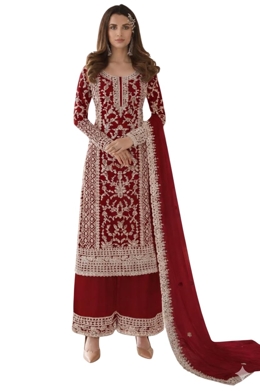Embroidered Net Semistitched Suit with Dupatta for Women and Girls | Ethnic Salwar Kameez Material with Detailed Thread Work-image-32