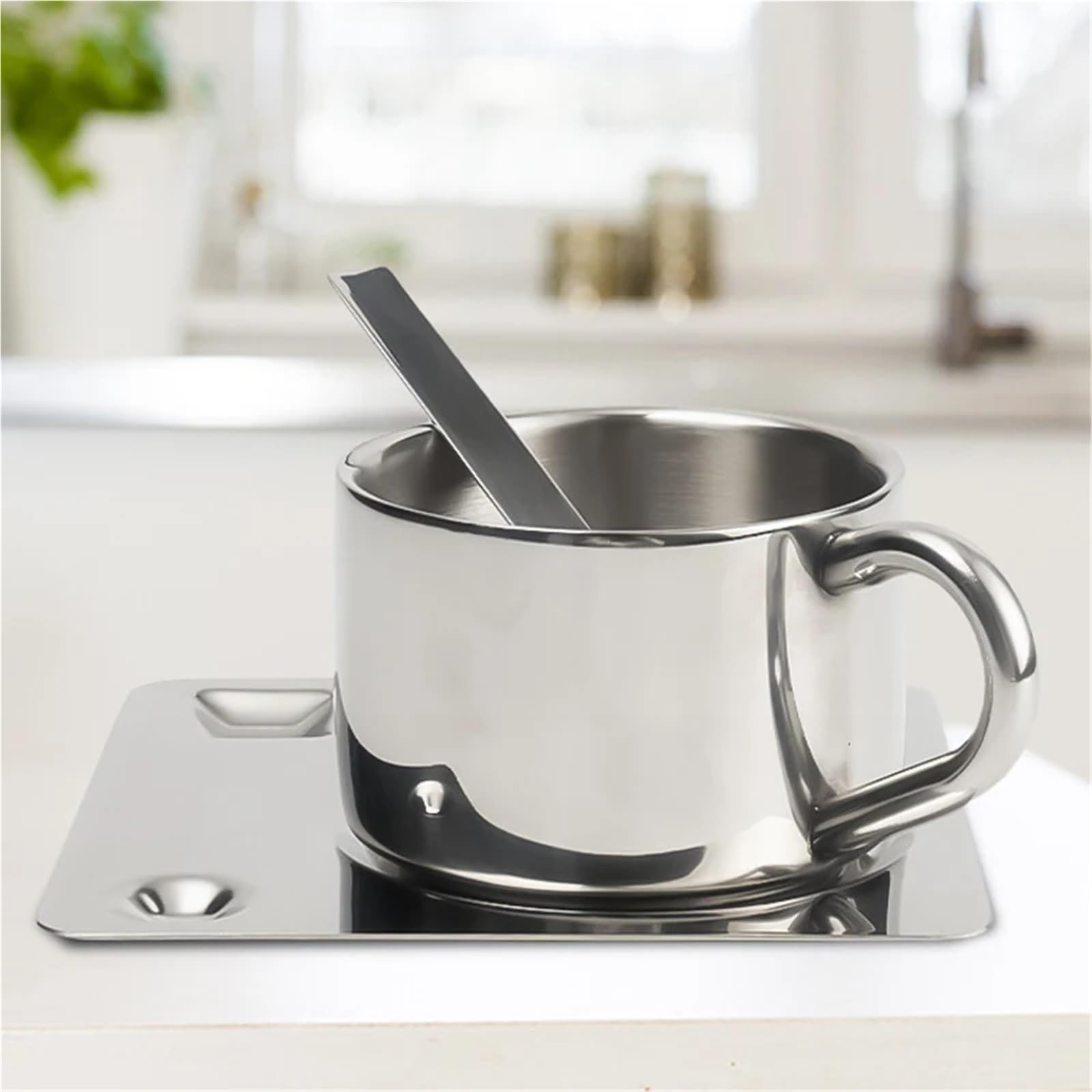 Juego de tazas café acero inoxidable 304, taza Simple, leche resistente al calor con platillo, cuchara, vajilla, 175ML Para café y bebidas