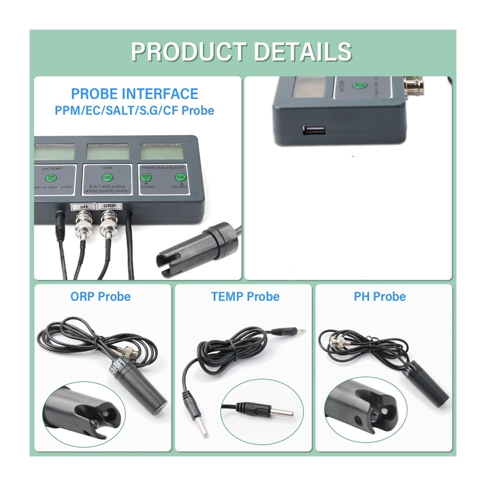 Kit de análisis de suelo, Medidor de calidad del agua for acuario Tuya con WiFi 8 en 1, medidor intelinte de pH, ORP/TDS/EC/SALT/TEMP, monitor for agua potable y piscina.