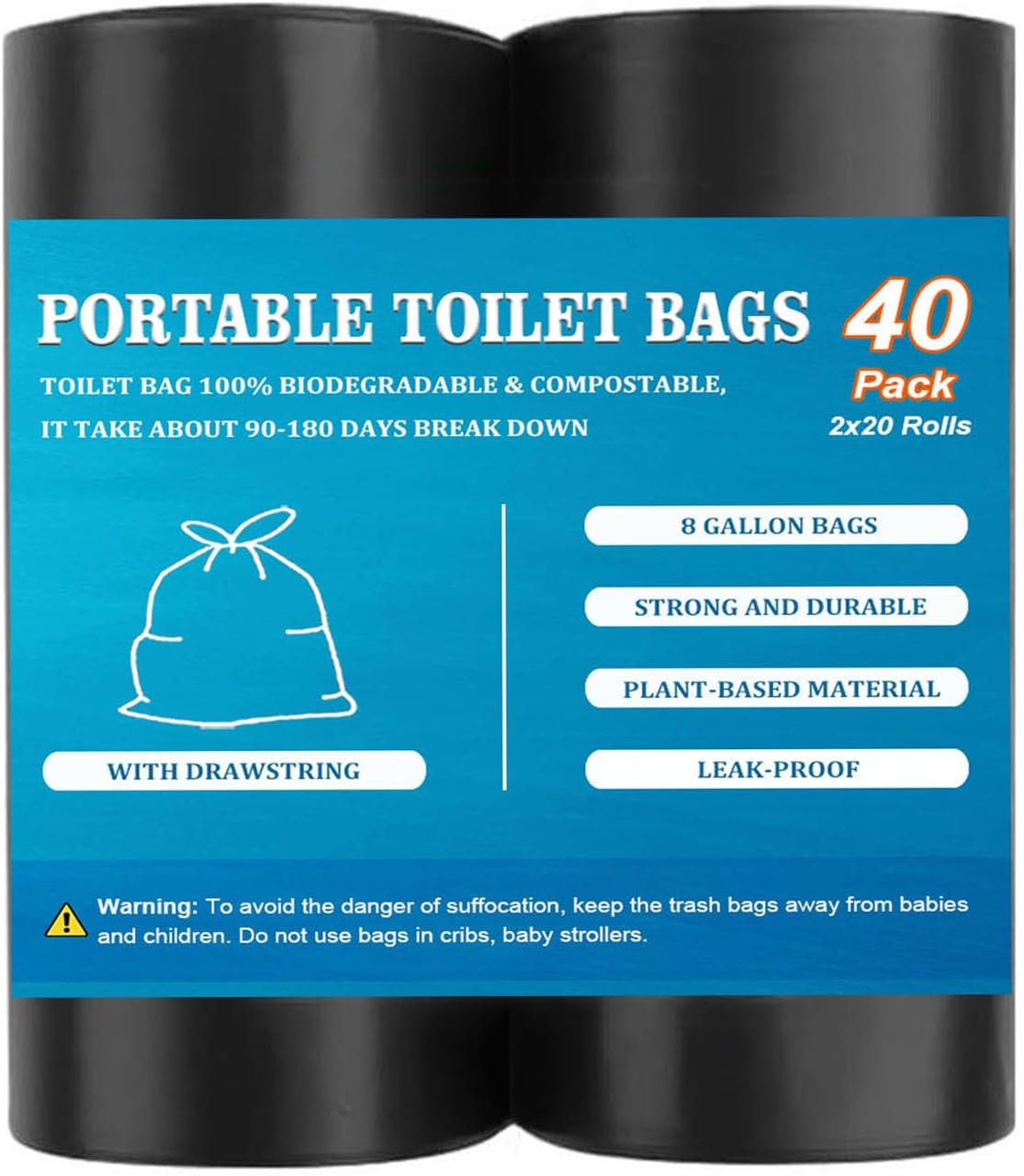 40 PCS Portable Toilet Bags with Drawstring, Biodegradable Porta Potty Bags – 8 Gallon Thickened Waste Bags Fit for 5 Gallon Bucket, Camping Poop Bag, Trash Bags for Home Boating Travel Outdoor