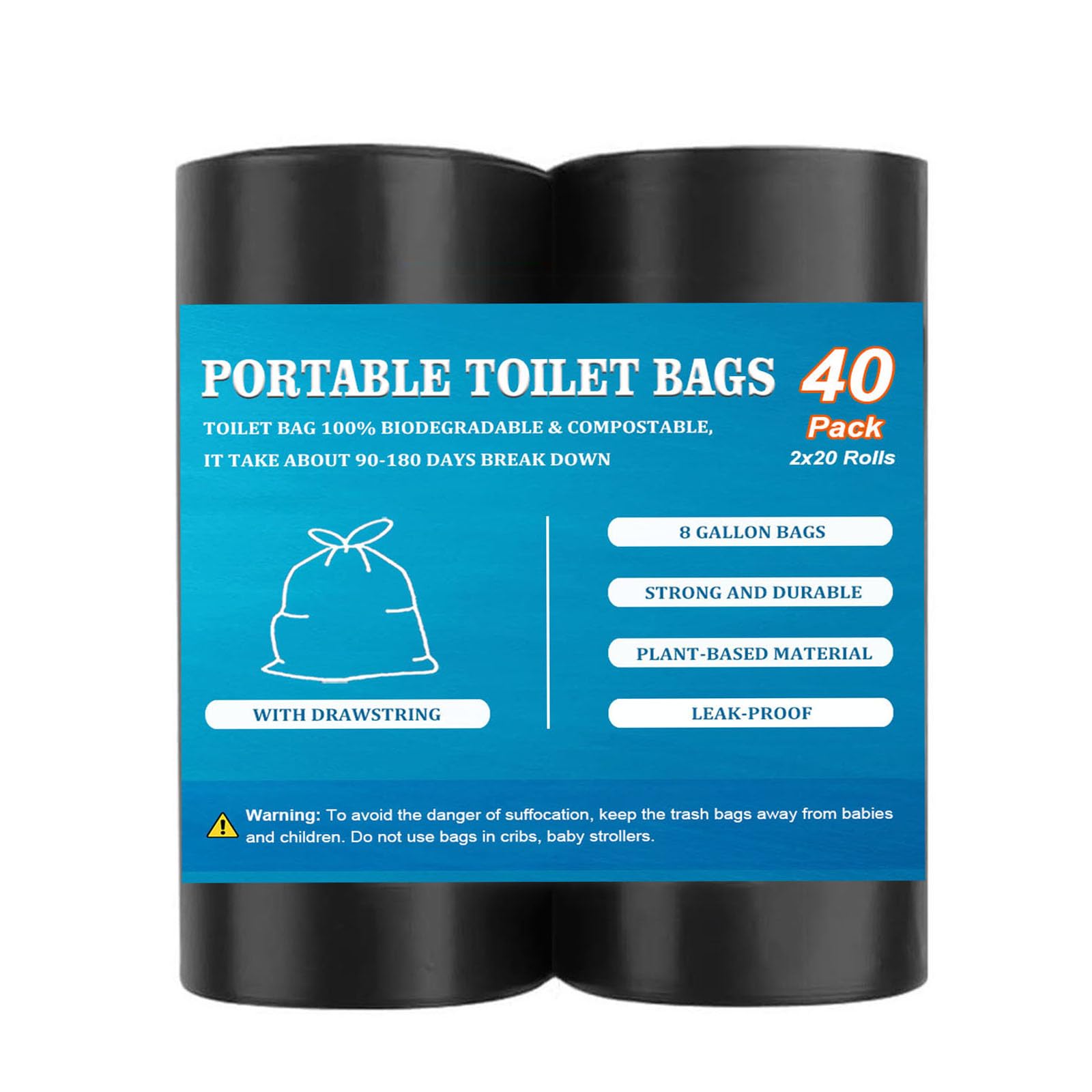 40 PCS Portable Toilet Bags with Drawstring, Biodegradable Porta Potty Bags - 8 Gallon Thickened Waste Bags Fit for 5 Gallon Bucket, Camping Poop Bag,