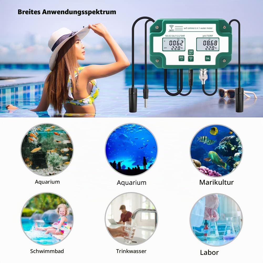 6-in-1-Wasserqualitätstester WiFi-Multiparameter-Wasserqualitätsmonitor Digitaler pH-Wert/Gesamtmenge an gelösten Feststoffen/EC/S.G/Salz/Temp-Messgerät für Aquakultur-Schwimmbecken