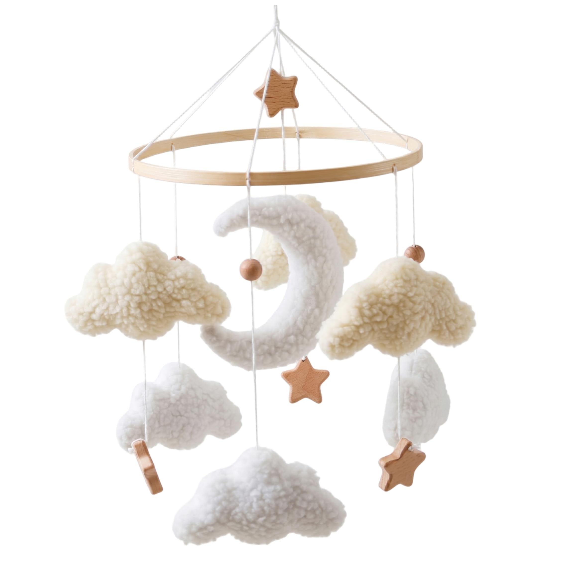 Uanqfegy Nursery Mobile - Hanging Baby Mobile for Crib, Soft Cloud Moon & Wooden Star, Brown Fits Cribs & Strollers, Beige