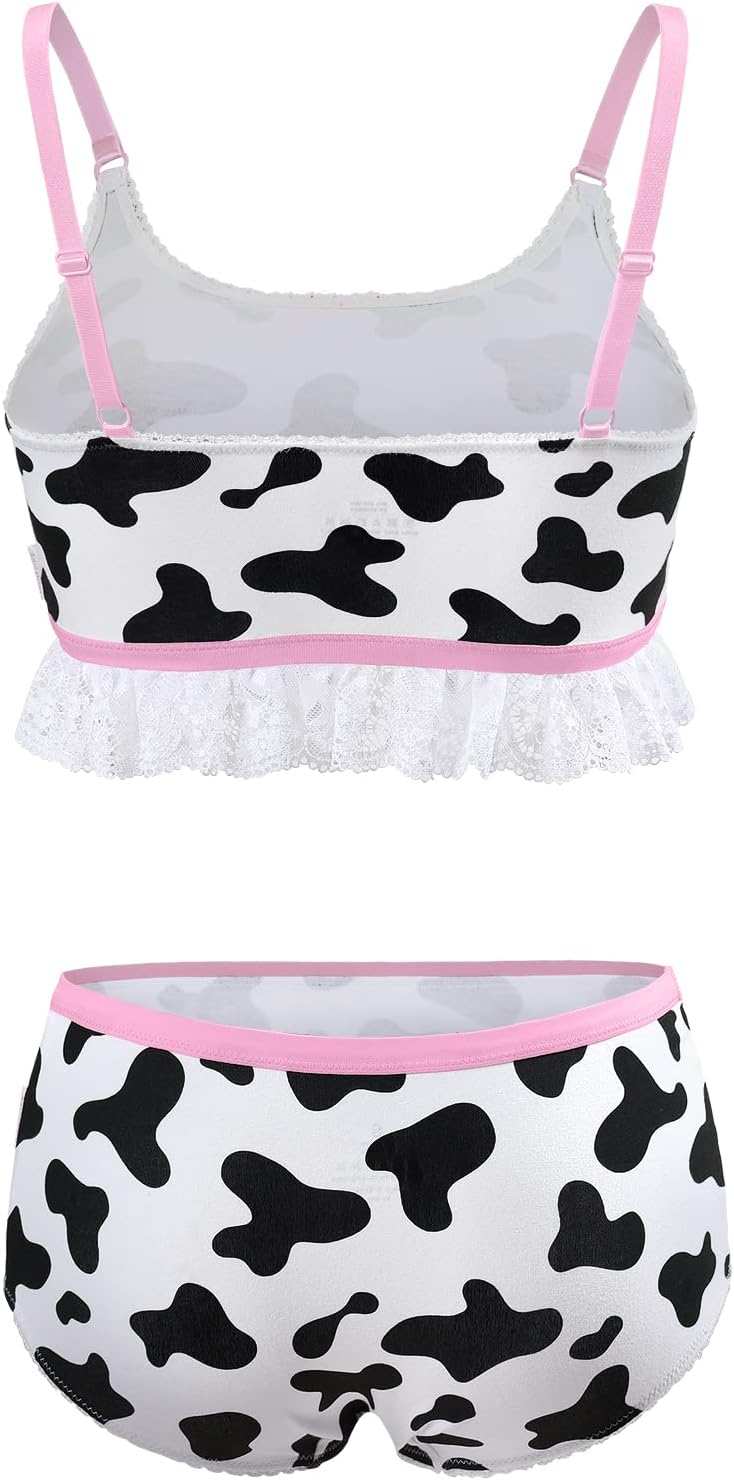 Littleforbig Lacy Trim Women Nightwear Strap Sleepwear Cami Top Shorts Lingerie Bralette Loungewear Set - Milk Cow
