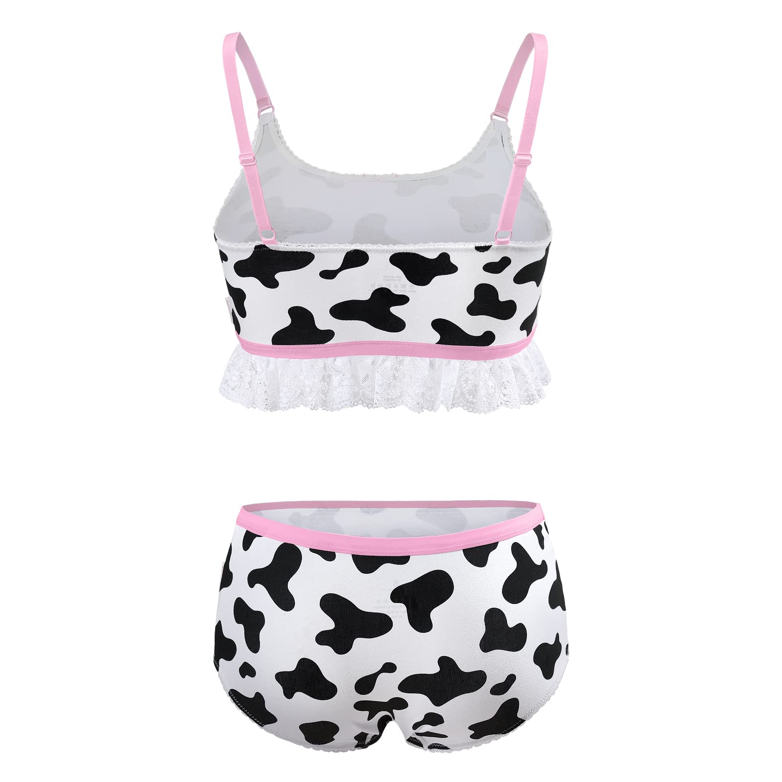 Littleforbig Lacy Trim Women Nightwear Strap Sleepwear Cami Top Shorts Lingerie Bralette Loungewear Set - Milk Cow: Medium White