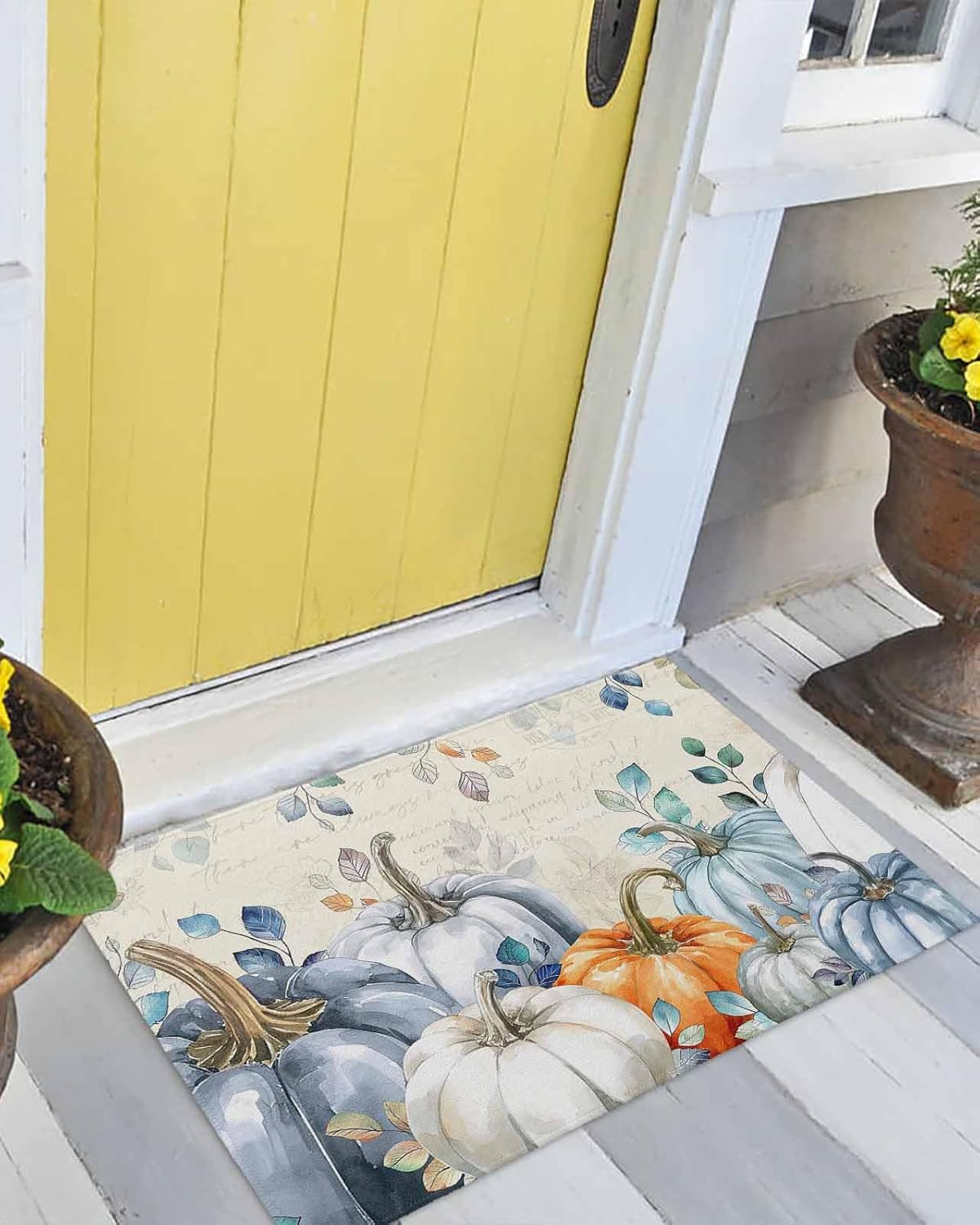 Fall Front Door Mat Outside Entrance, Autumn Blue Orange Pumpkin Outdoor Indoor Low Profile Door Mats for Entryway, Funny Thanksgiving Eucalyptus Leaves Retro Welcome Mat Entry Doormats