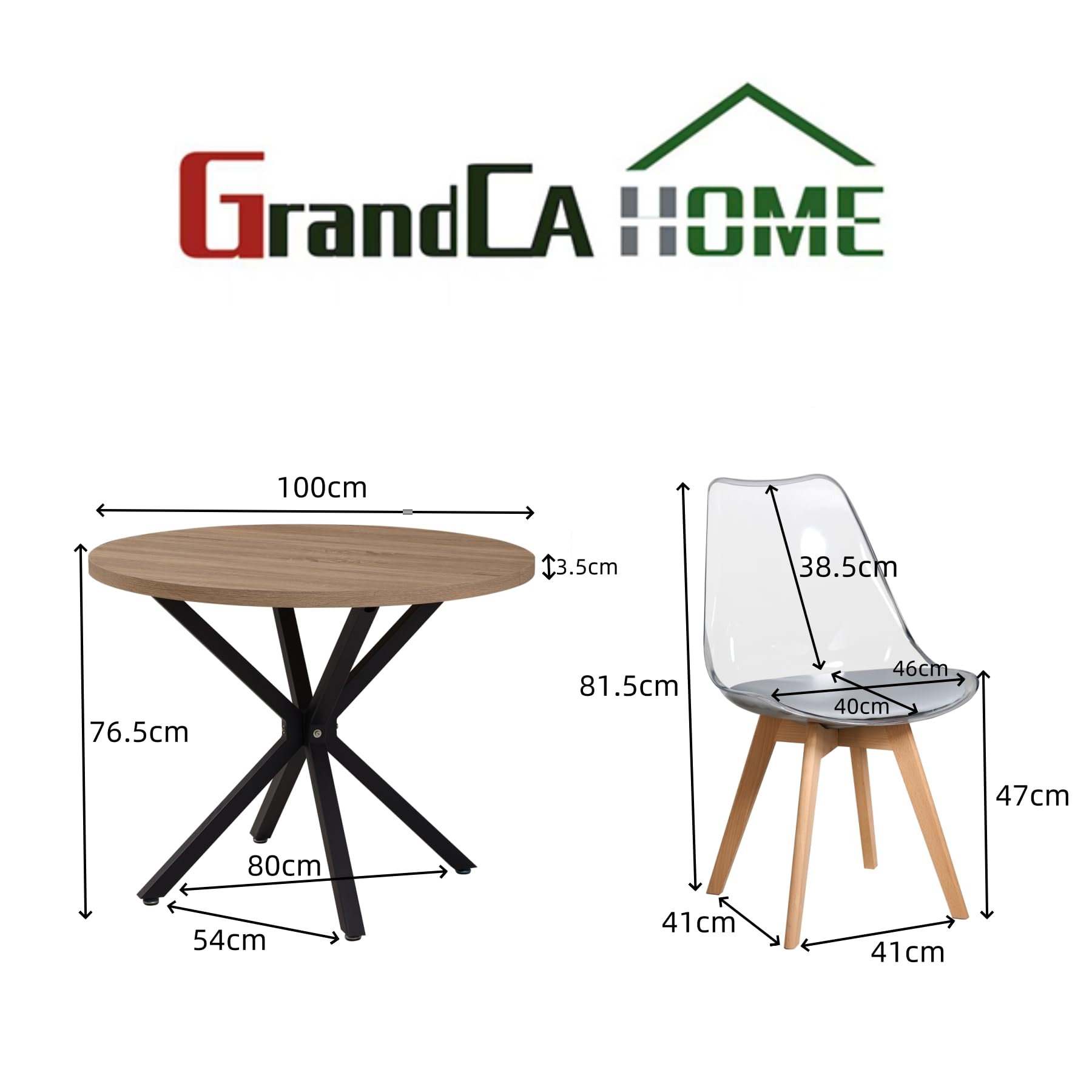 GrandCA HOME Tavolo da Pranzo con 4 Sedie, Tavolo da Pranzo Rotondo da 100 CM, Sedia da Cucina Imbottita Trasparente, Set Tavolo da Pranzo e Sedie (Chiaro + Grigio)