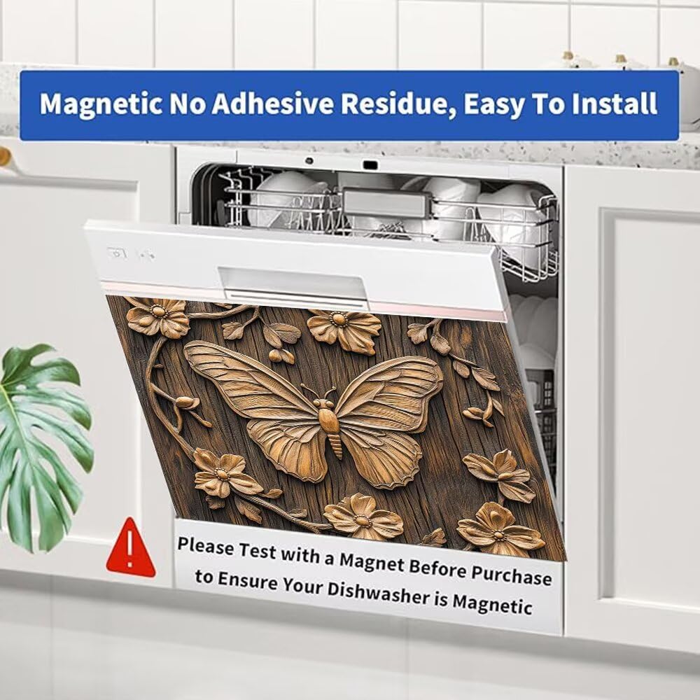 Wooden Butterfly Magnetic Dishwasher Cover Skin Panel, 3D Wood Carving Magnet Fridge Cover Decal Decor, Country Flower Butterfly Vinyl Dishwasher Sticker (23" x 17" Magnetic)