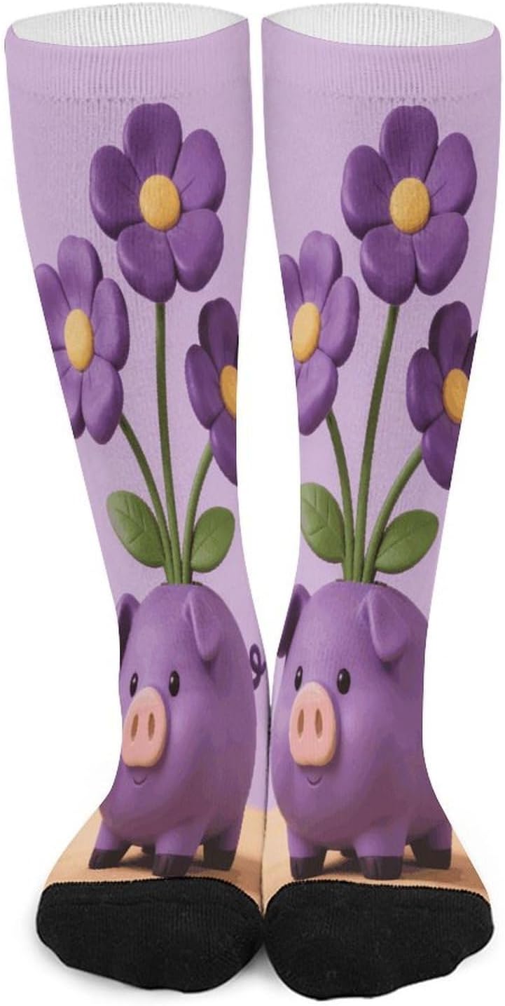 Purple Piggy Flowers Compression Socks for Men Women | Funny Novelty Knee High Socks, Breathable Cozy Soft Football Sock, Over The Calf Socks for Casual Work Athletic Sock & Gifts